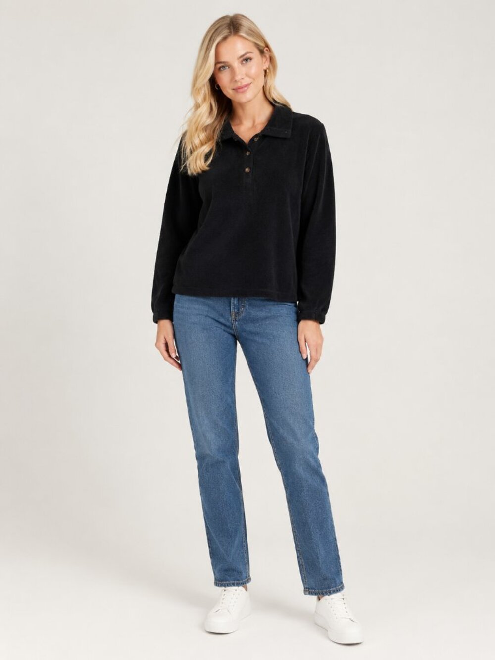 2/$30 Lands' End Petite Fleece Polo Sweatshirt Long Sleeve Black Medium #A4884
